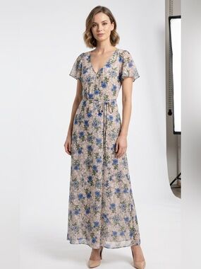 Forever 21 Blue Floral Wrap Maxi Dress on Cream Base